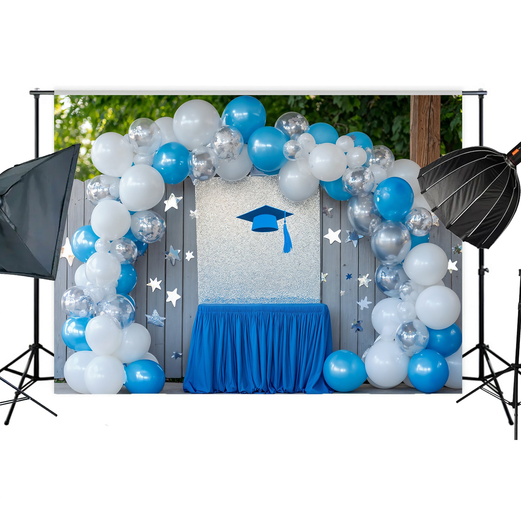 Blue & Silver Graduation Arch Backdrop