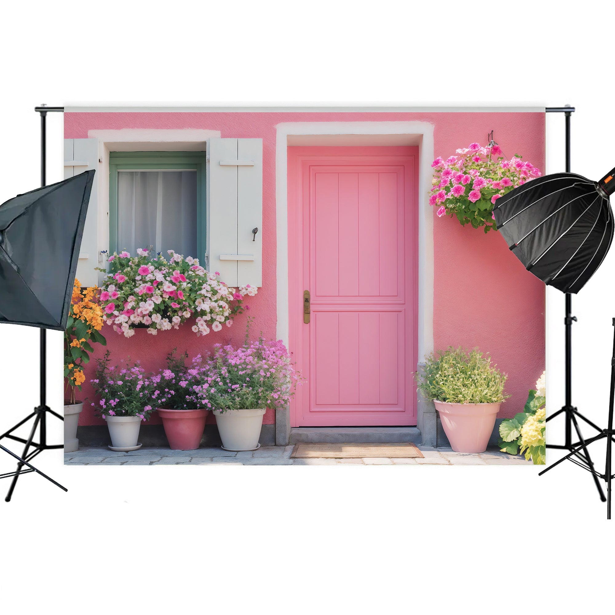 Cheerful Pink Floral Facade Backdrop