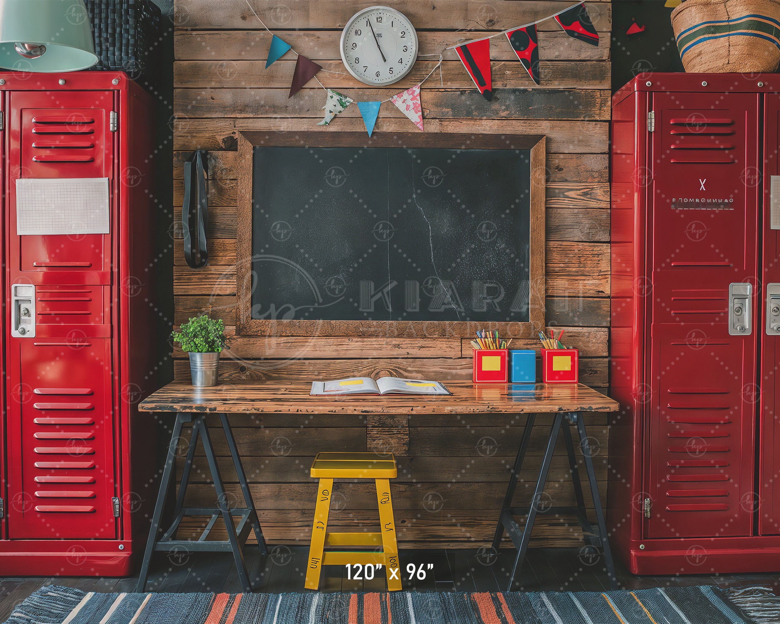 Rustic School Desk & Lockers Backdrop