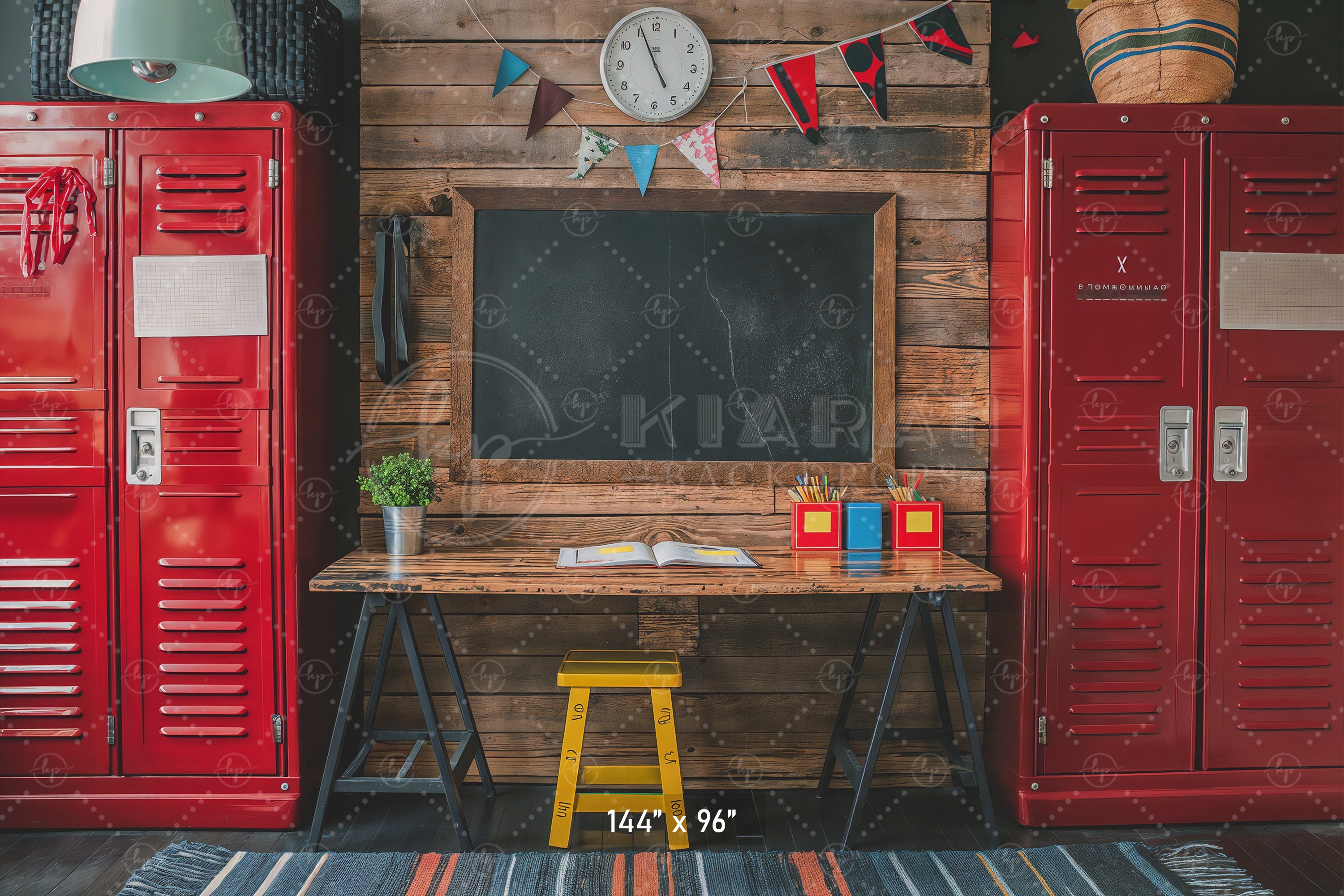 Rustic School Desk & Lockers Backdrop