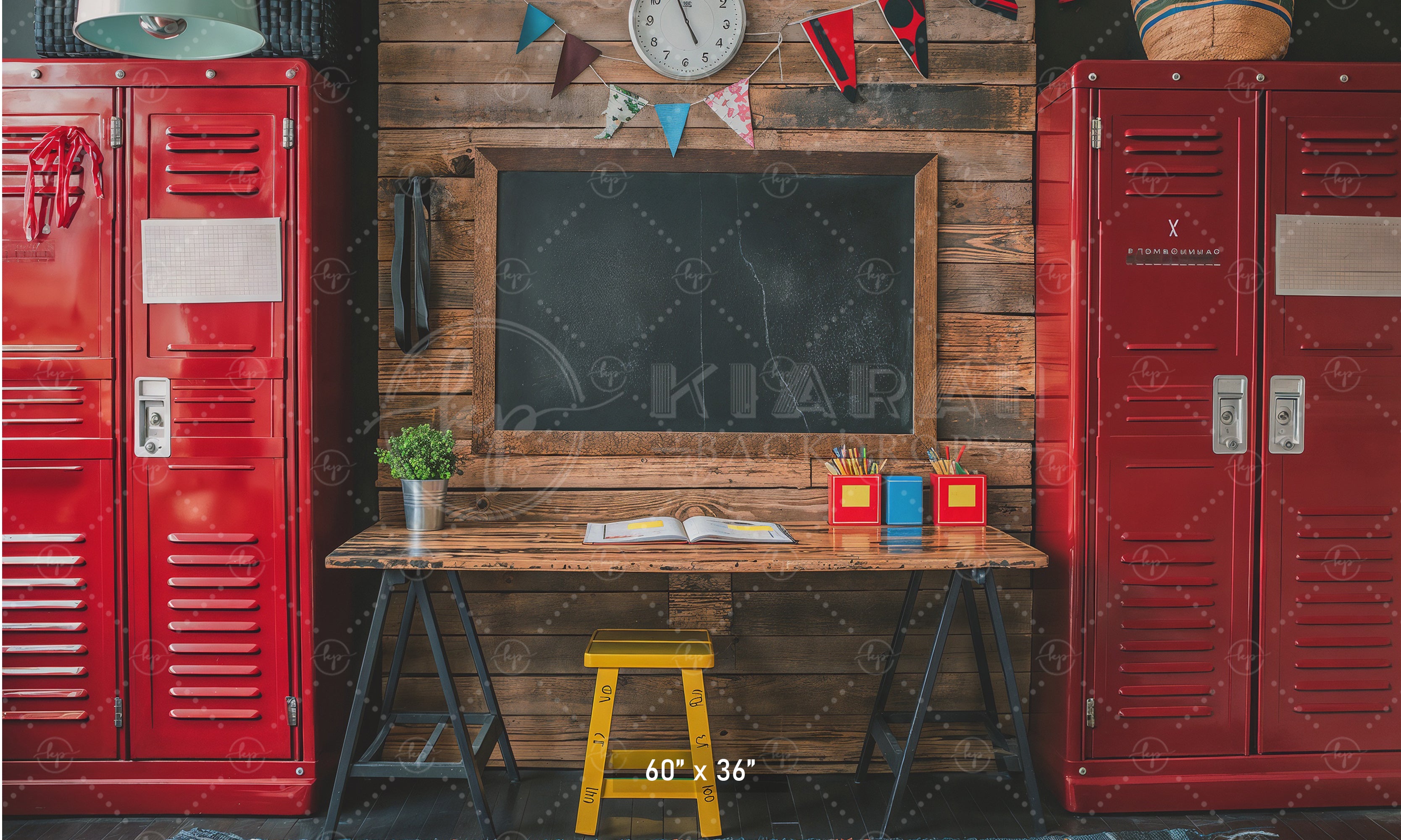 Rustic School Desk & Lockers Backdrop