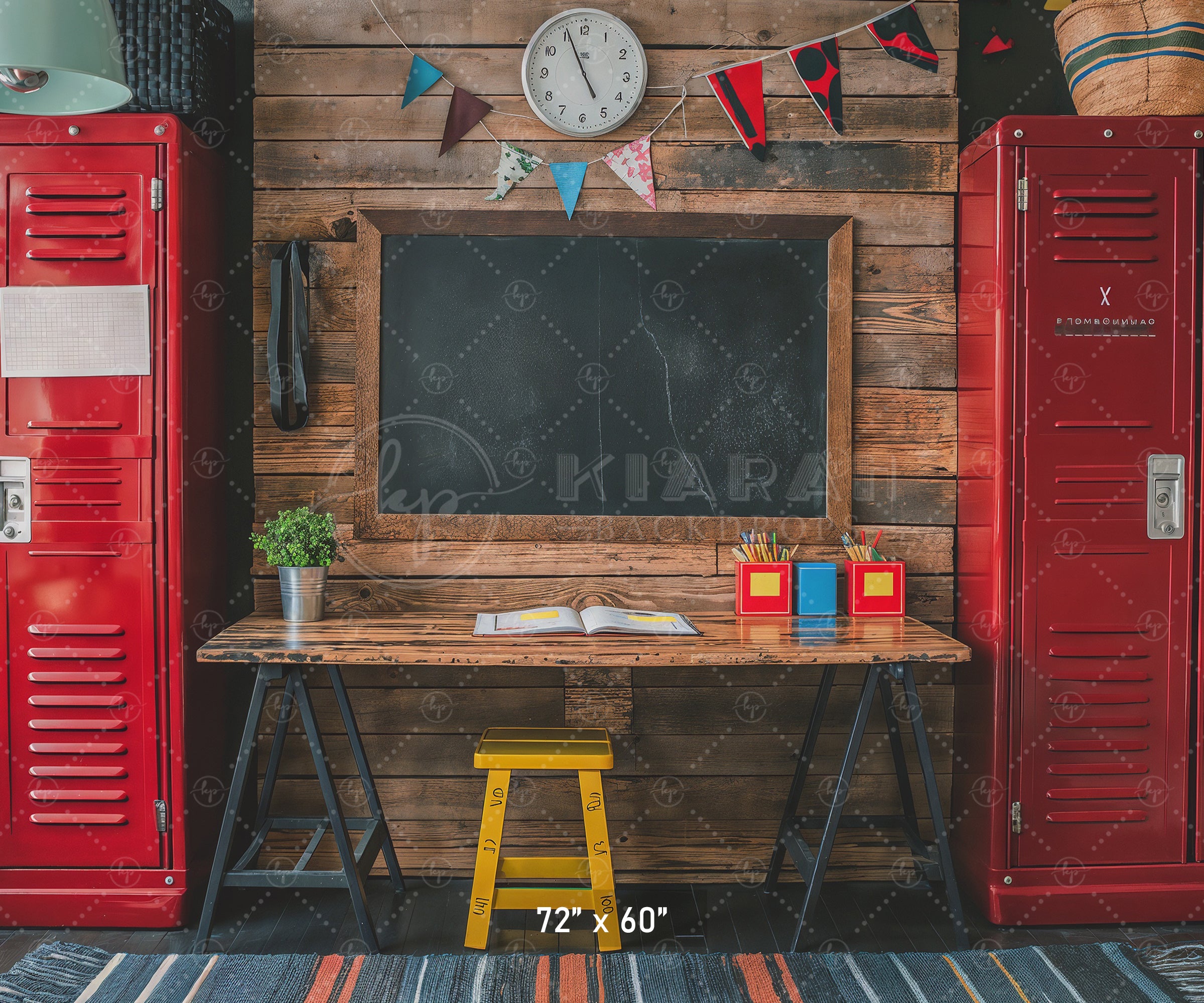 Rustic School Desk & Lockers Backdrop