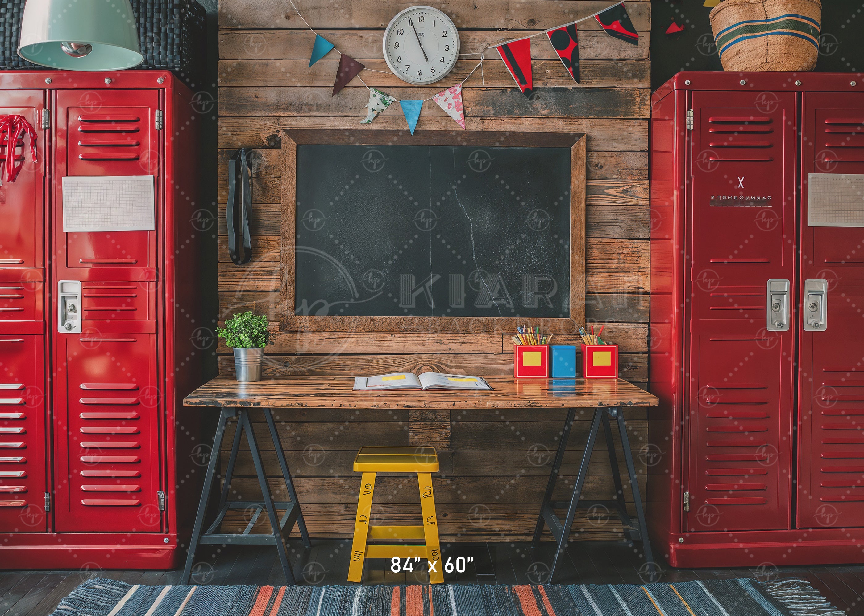 Rustic School Desk & Lockers Backdrop