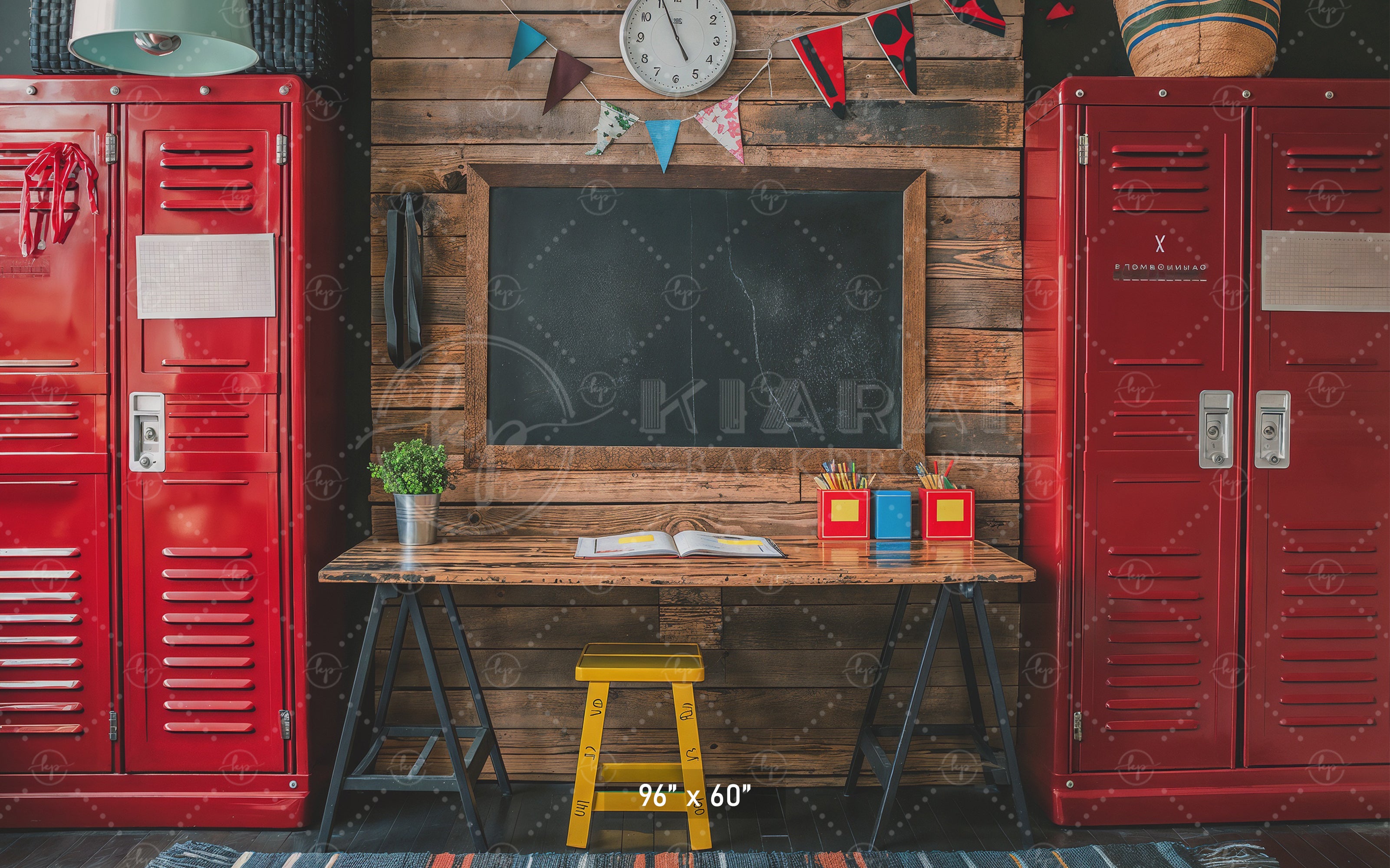 Rustic School Desk & Lockers Backdrop
