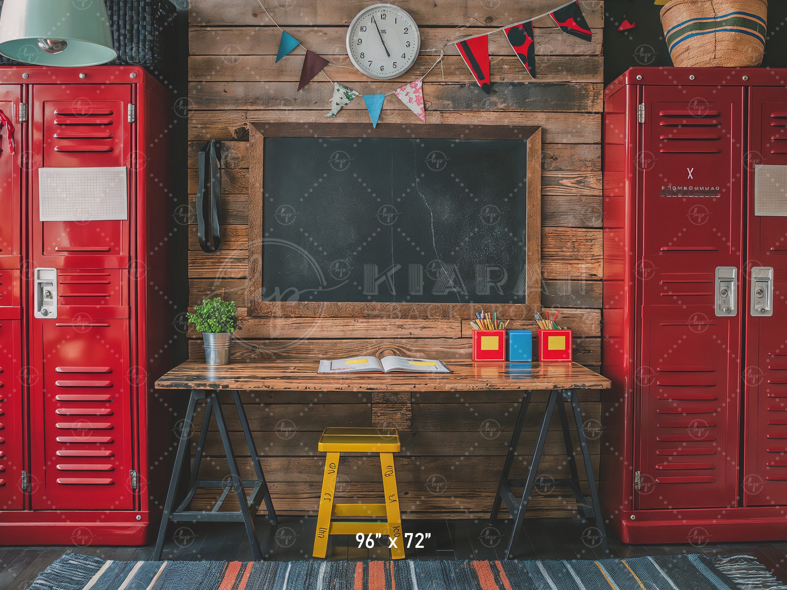 Rustic School Desk & Lockers Backdrop