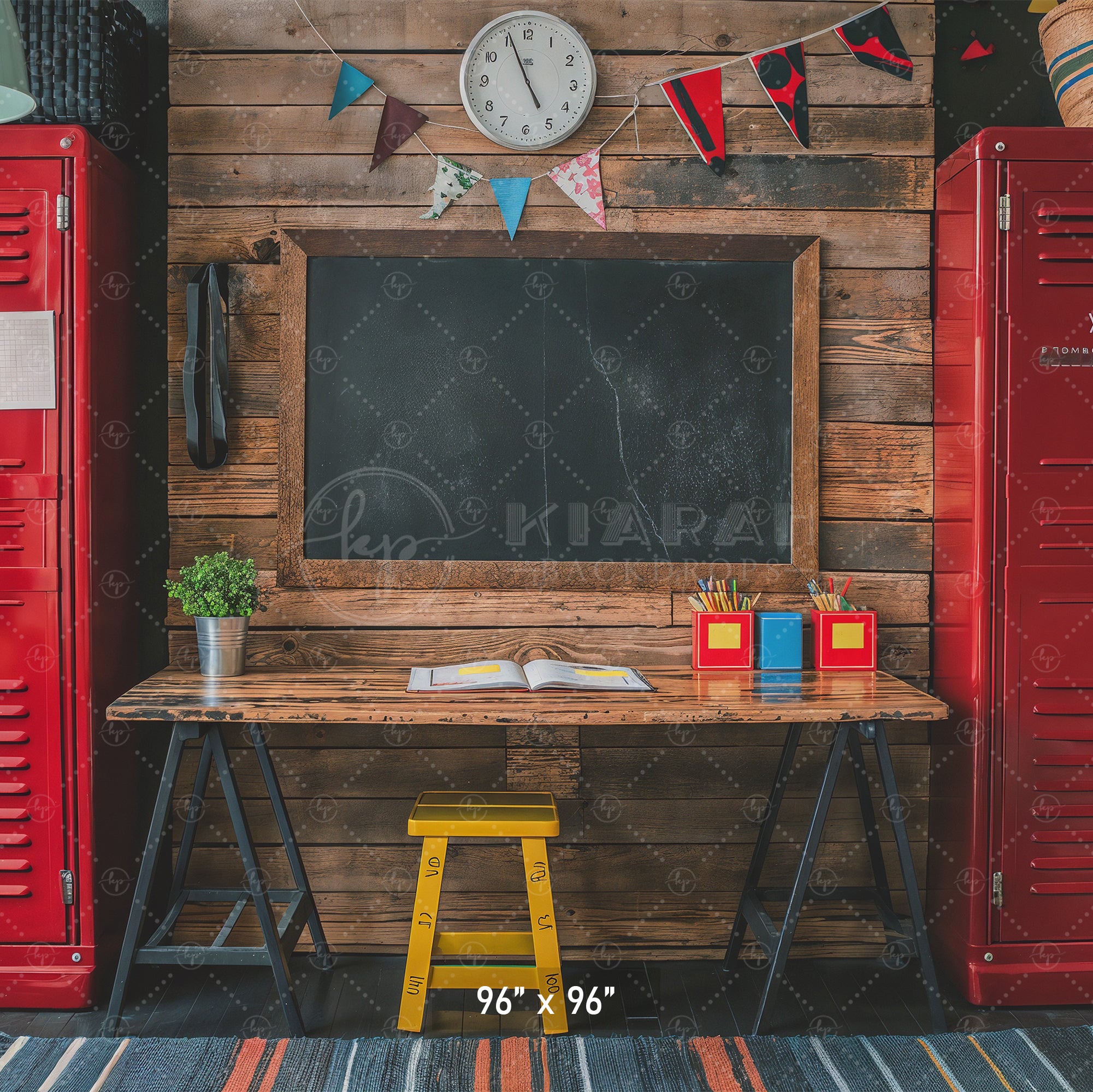 Rustic School Desk & Lockers Backdrop