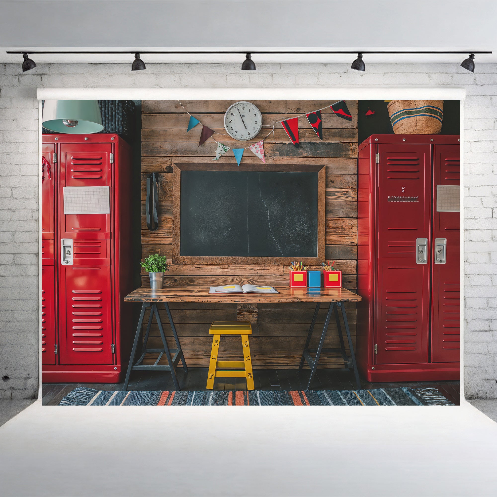 Rustic School Desk & Lockers Backdrop