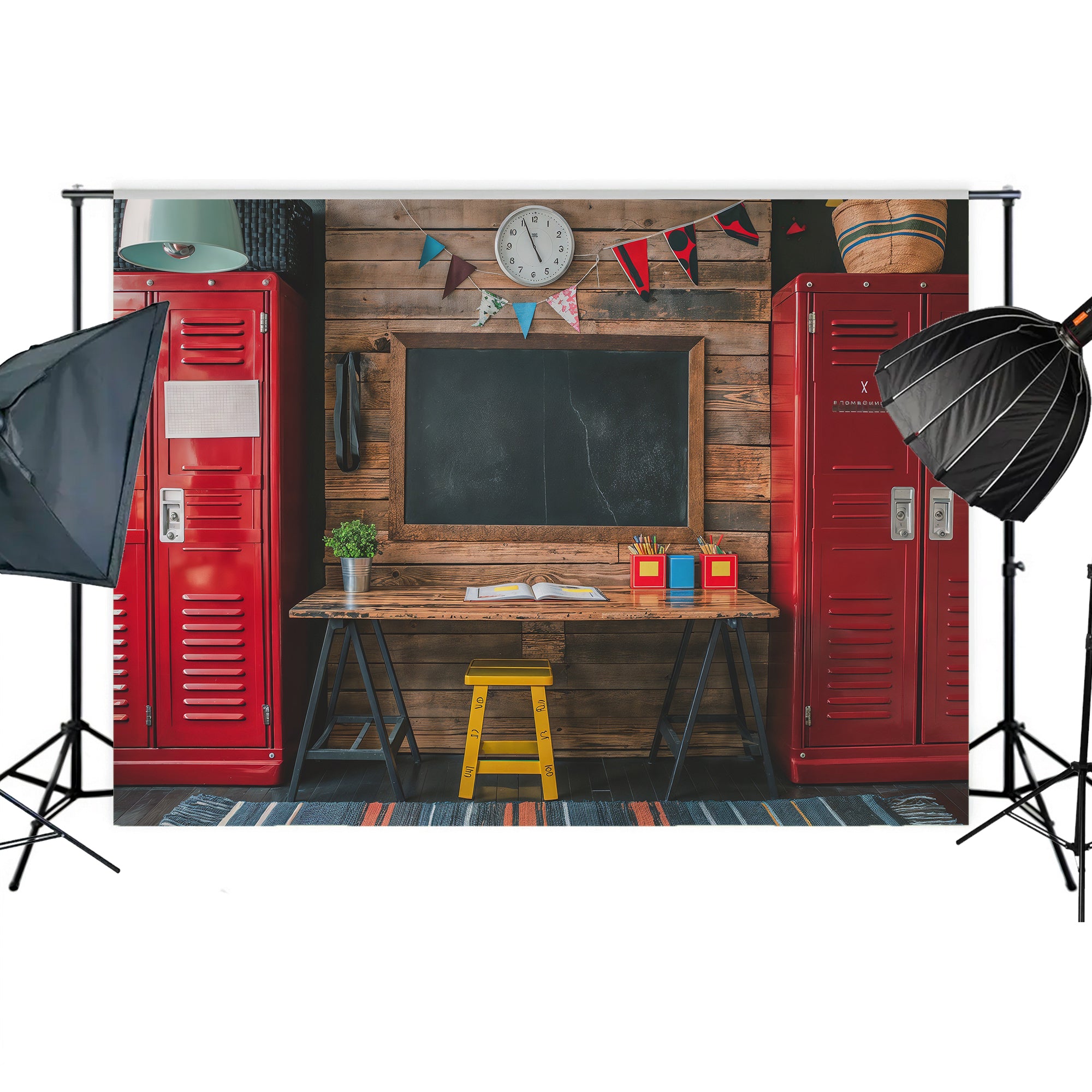 Rustic School Desk & Lockers Backdrop