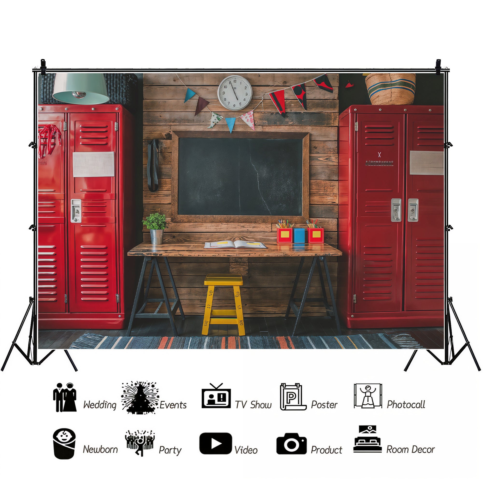 Rustic School Desk & Lockers Backdrop