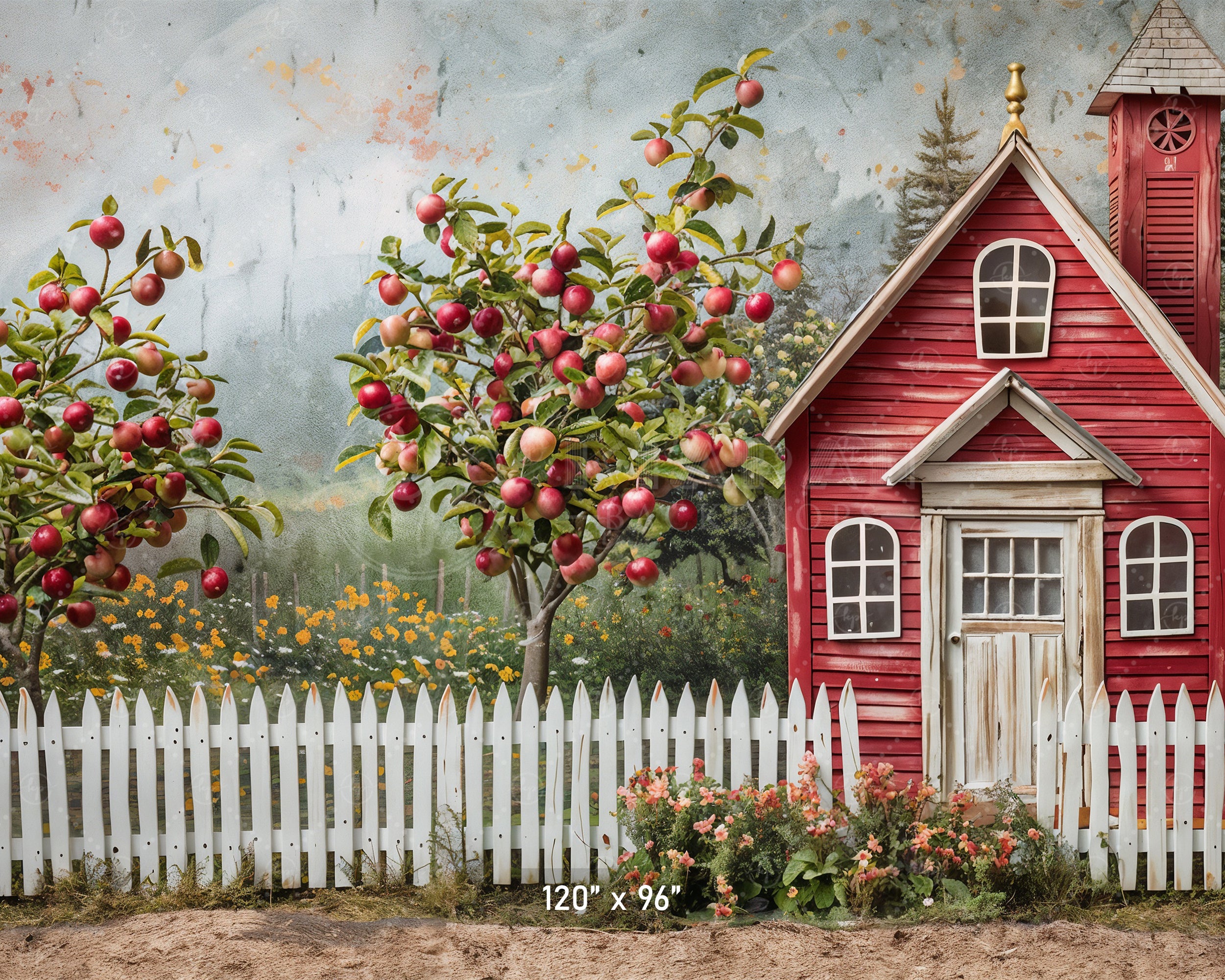 Red Schoolhouse with Apple Trees Backdrop