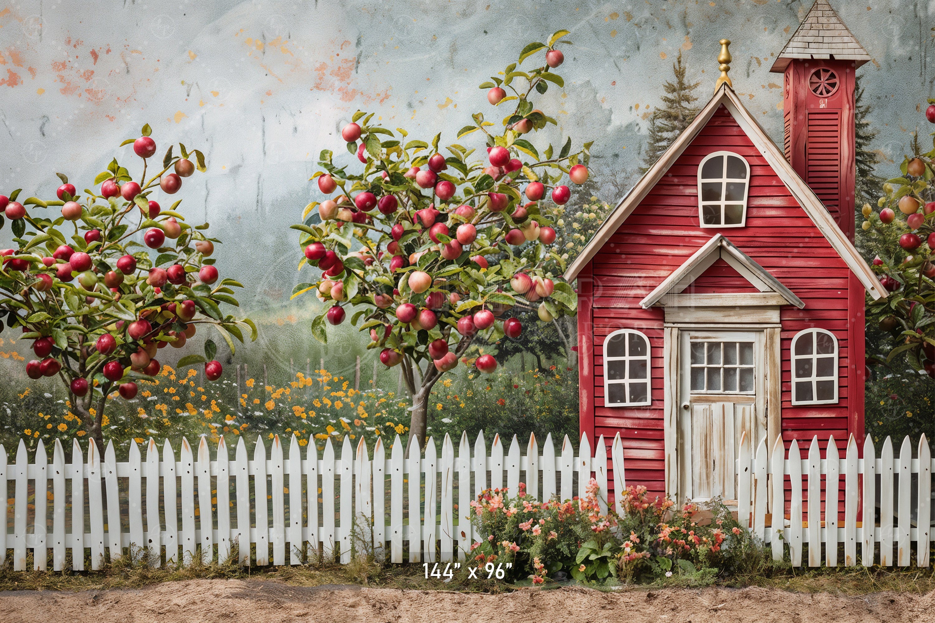 Red Schoolhouse with Apple Trees Backdrop