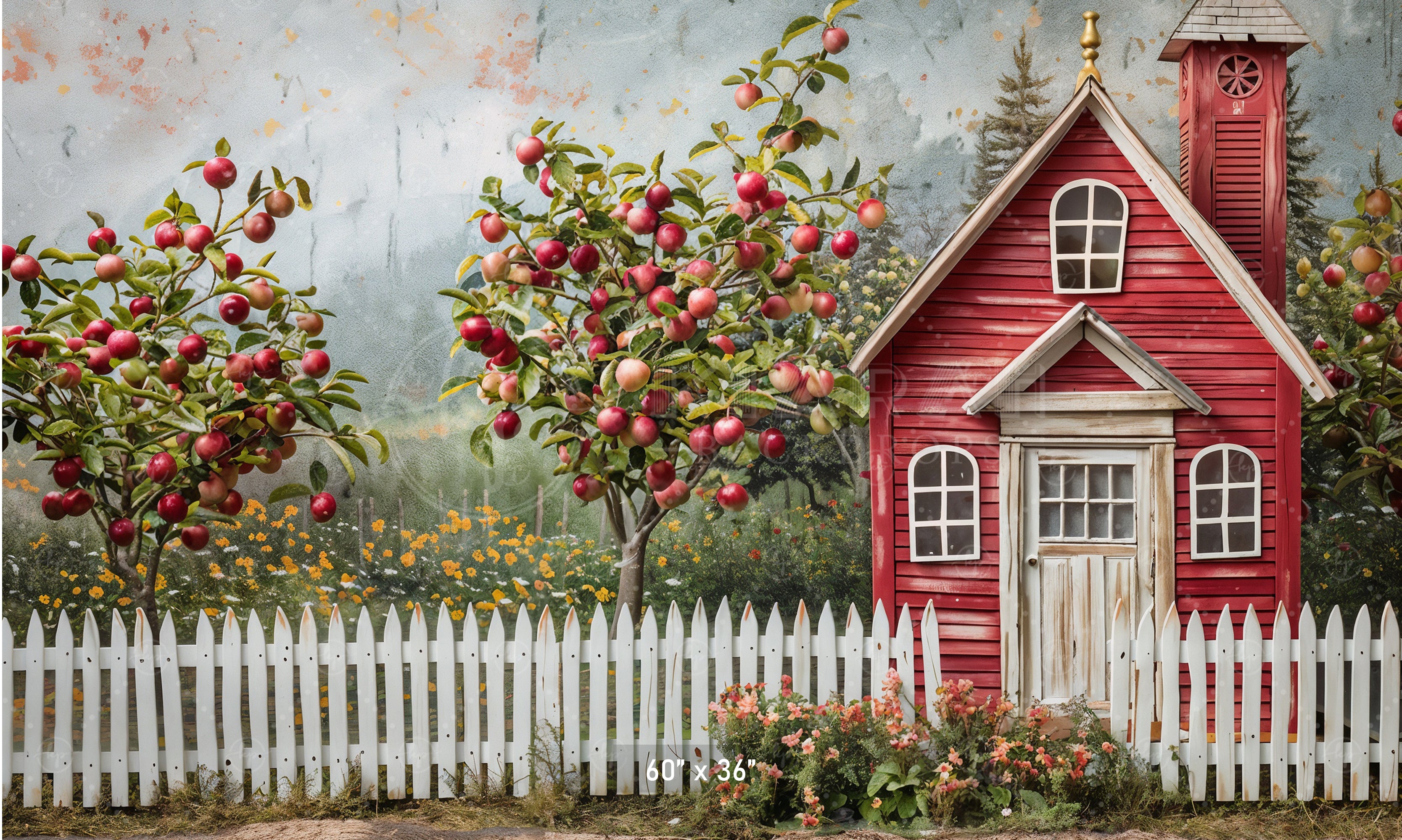 Red Schoolhouse with Apple Trees Backdrop