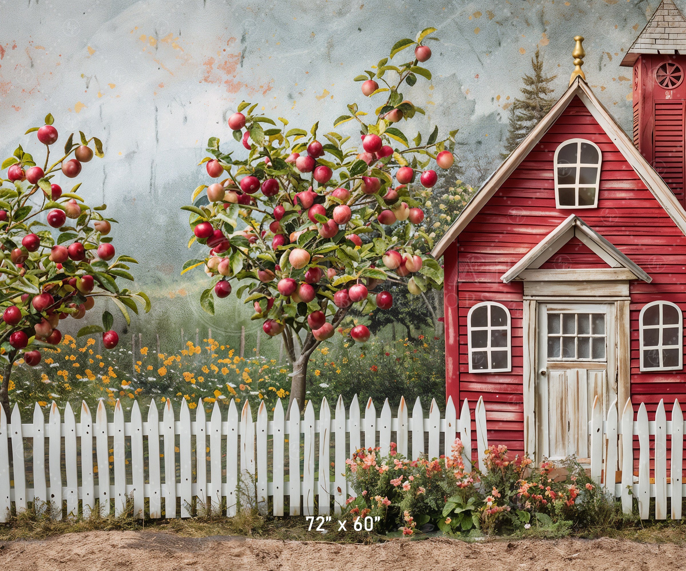 Red Schoolhouse with Apple Trees Backdrop