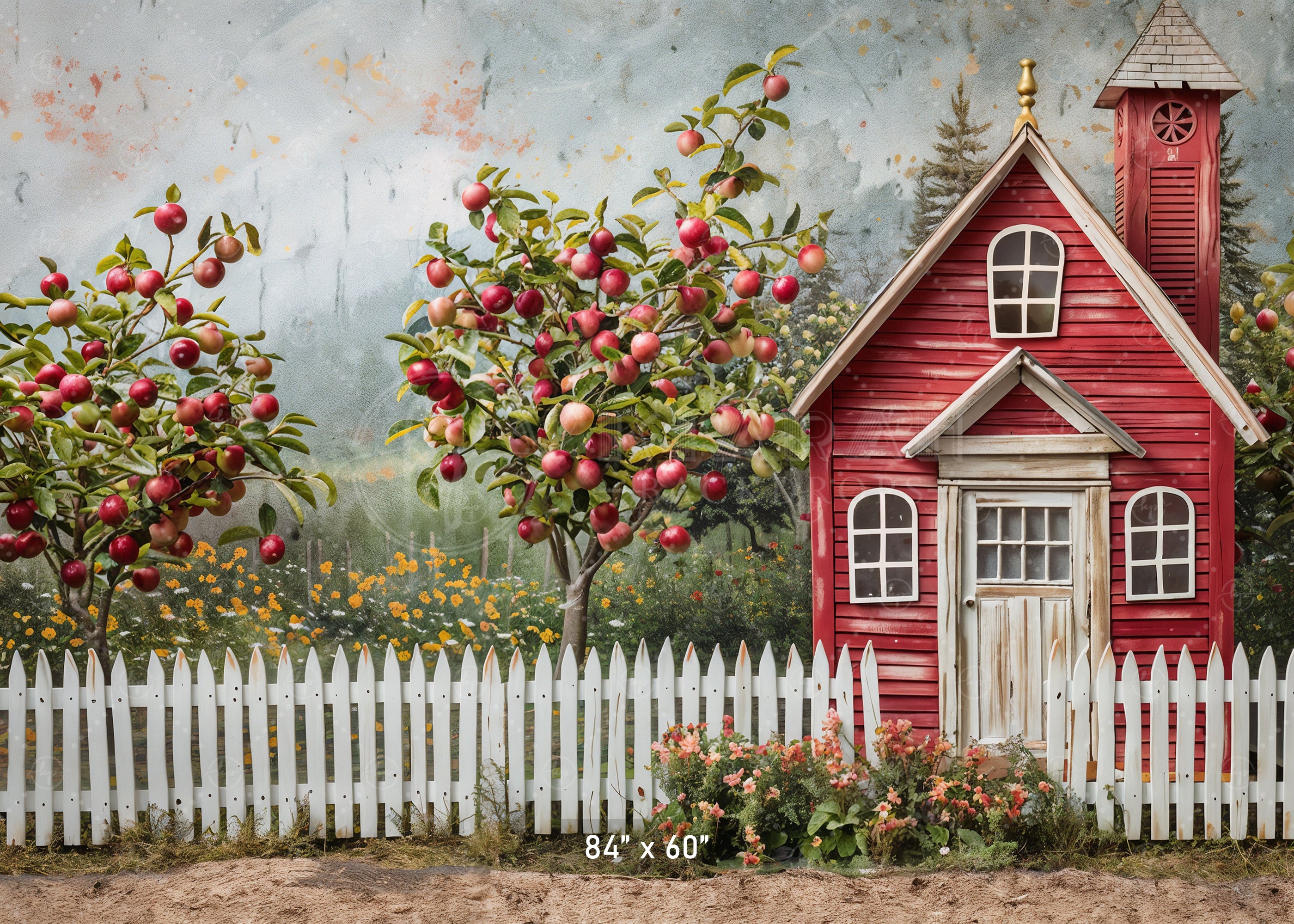Red Schoolhouse with Apple Trees Backdrop