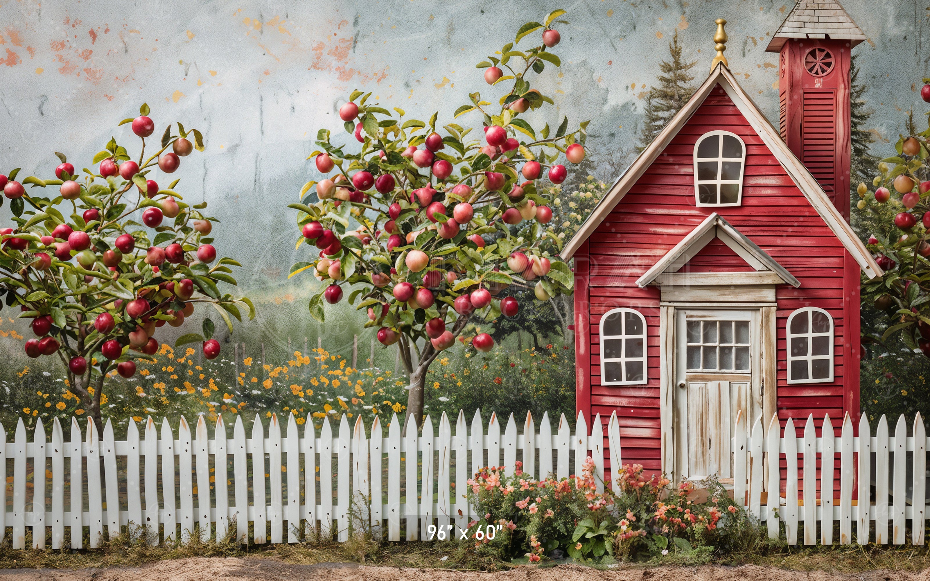 Red Schoolhouse with Apple Trees Backdrop