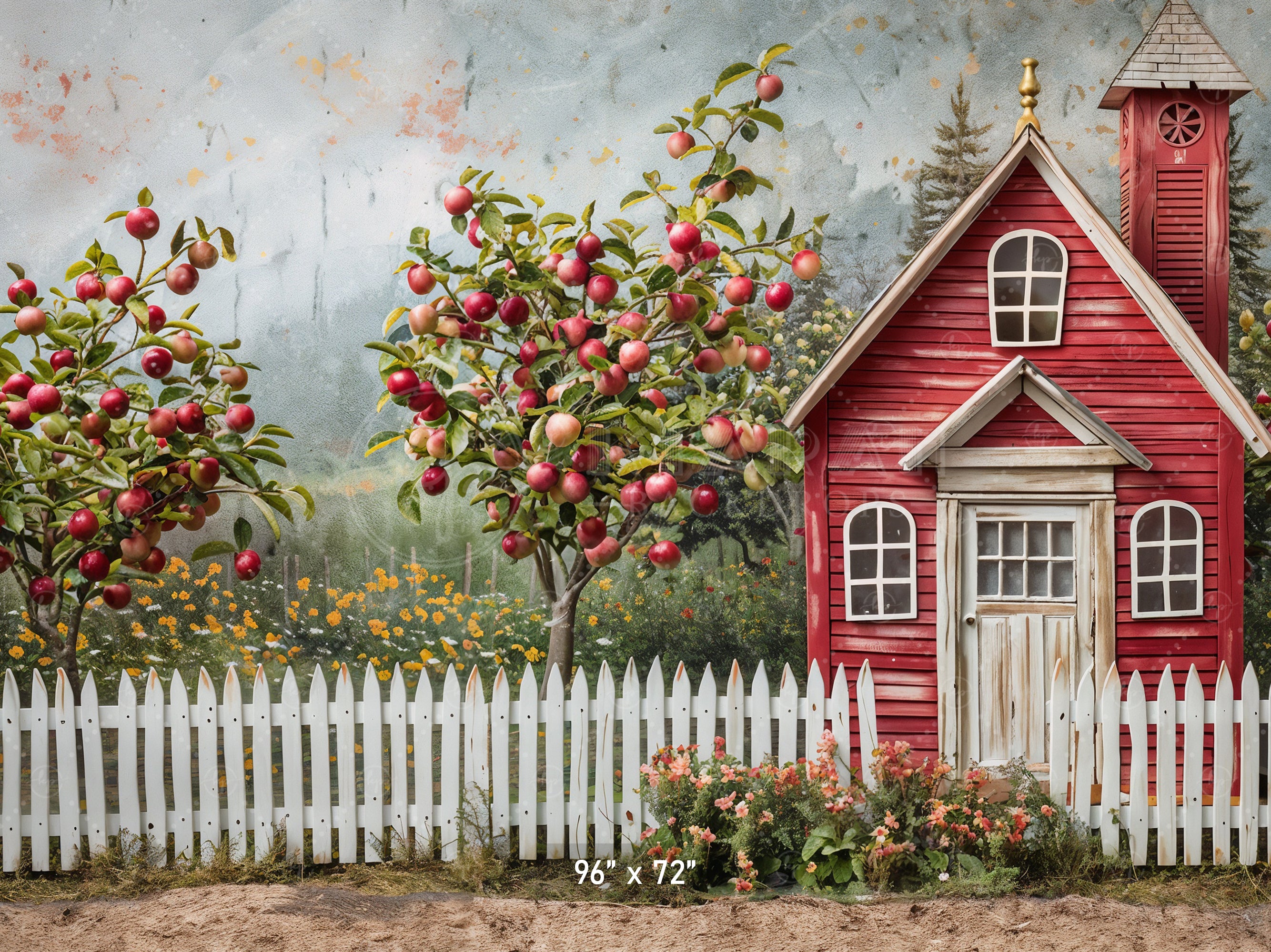Red Schoolhouse with Apple Trees Backdrop