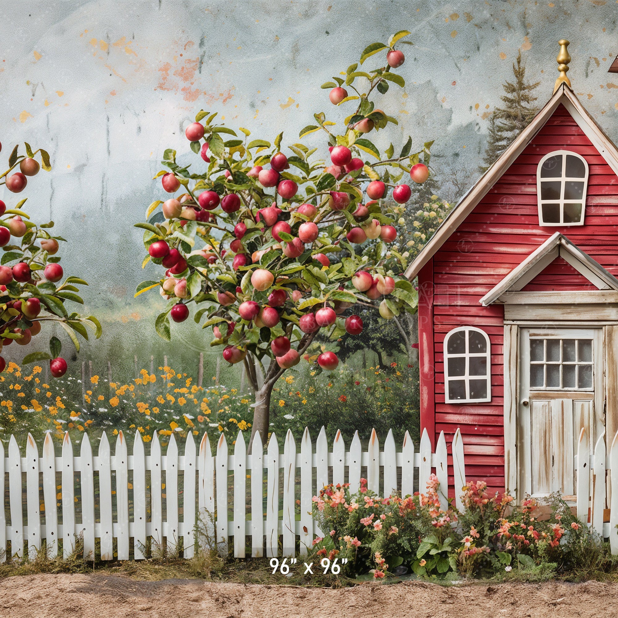Red Schoolhouse with Apple Trees Backdrop