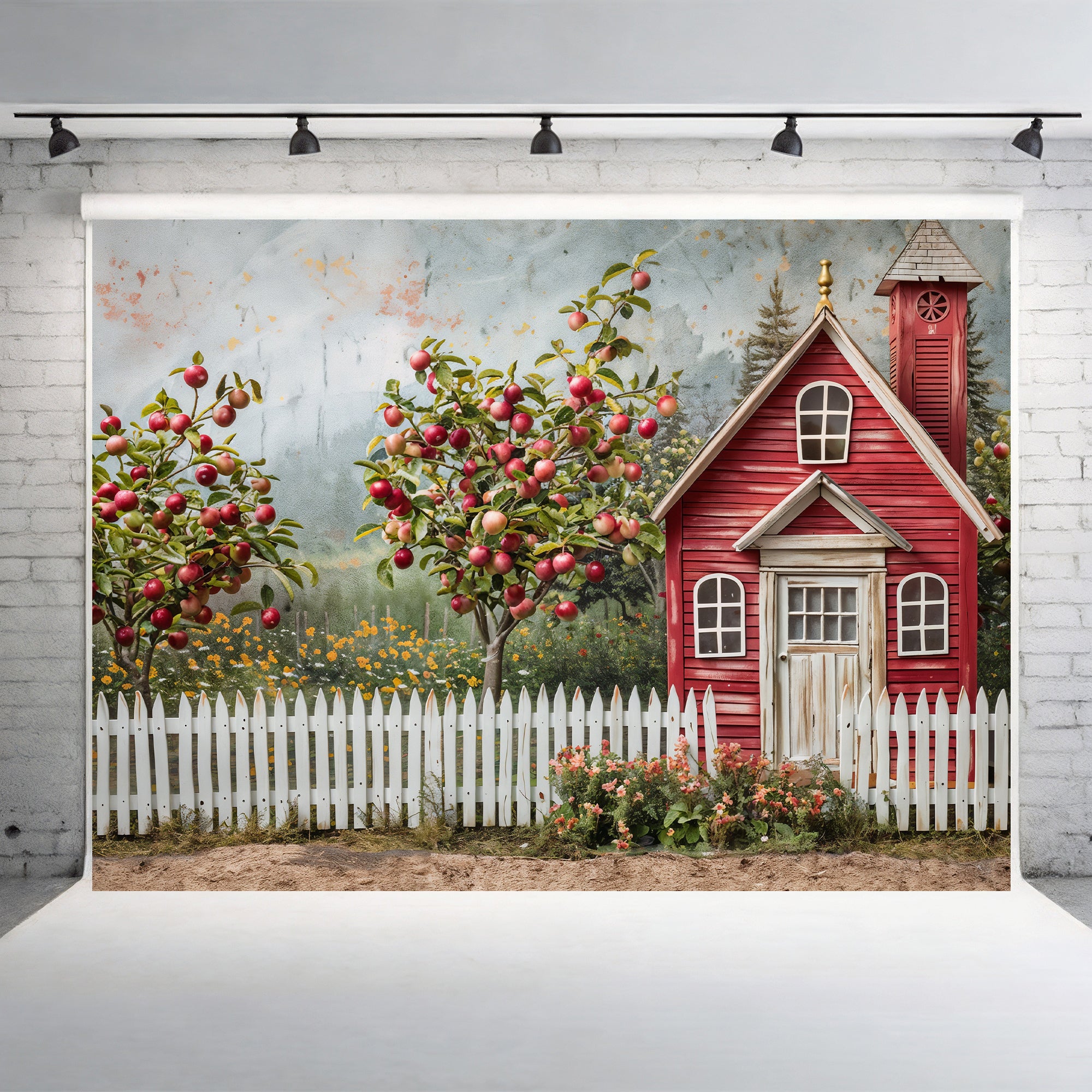 Red Schoolhouse with Apple Trees Backdrop