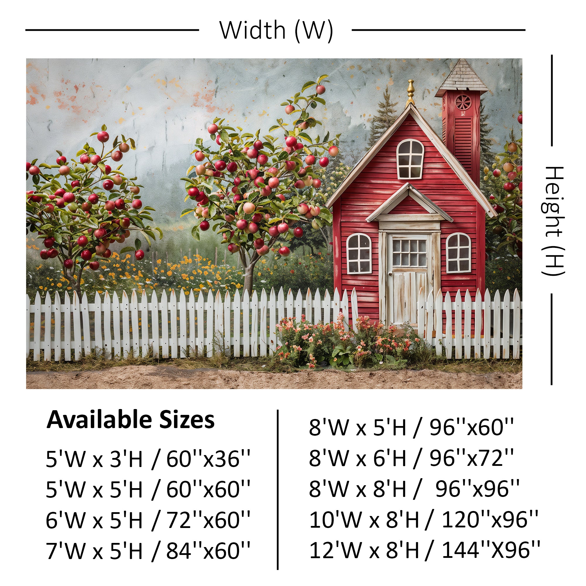 Red Schoolhouse with Apple Trees Backdrop