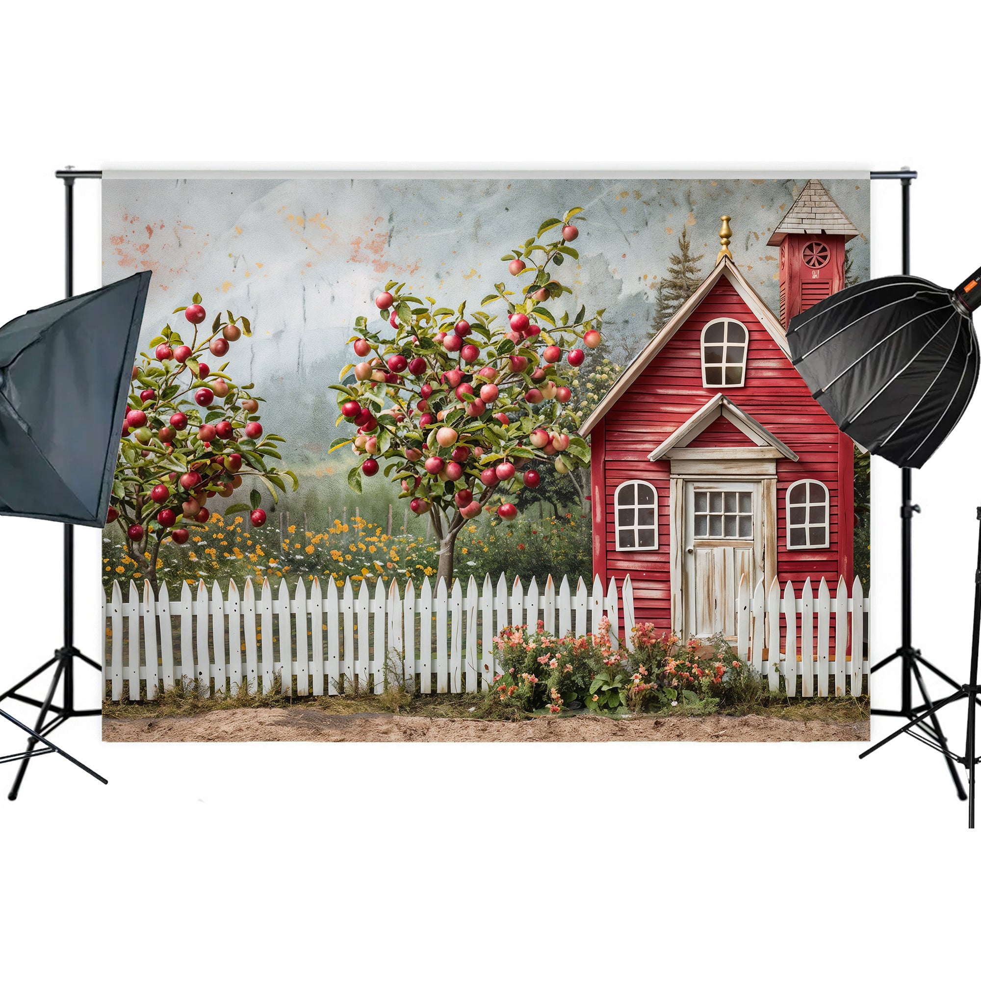 Red Schoolhouse with Apple Trees Backdrop