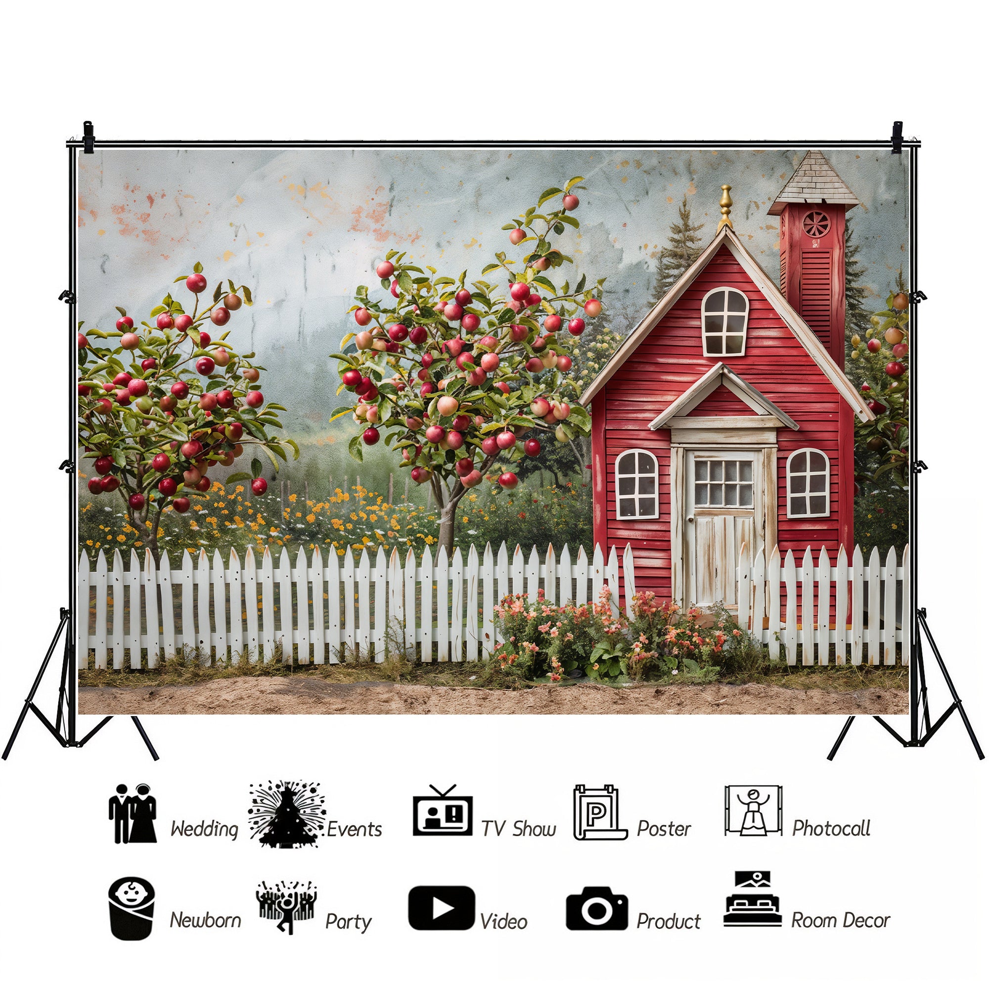 Red Schoolhouse with Apple Trees Backdrop